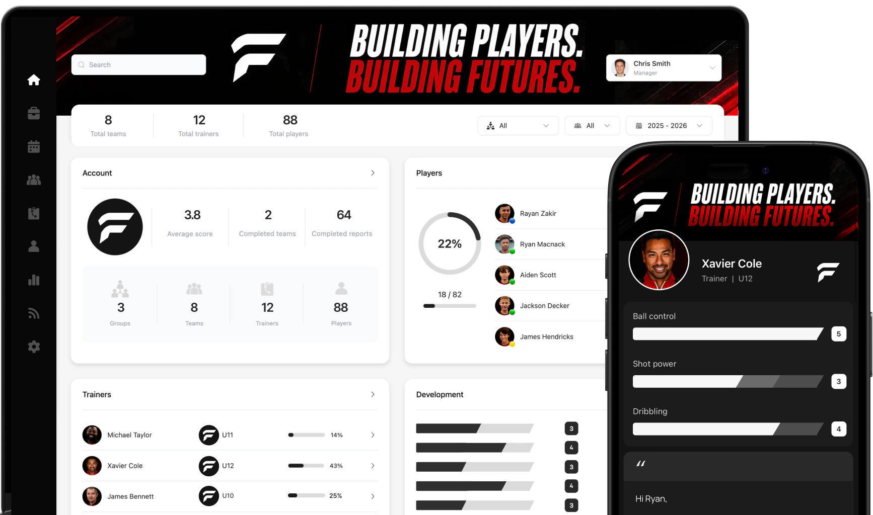 Pro Season academy overview with teams, trainers, players and reports
