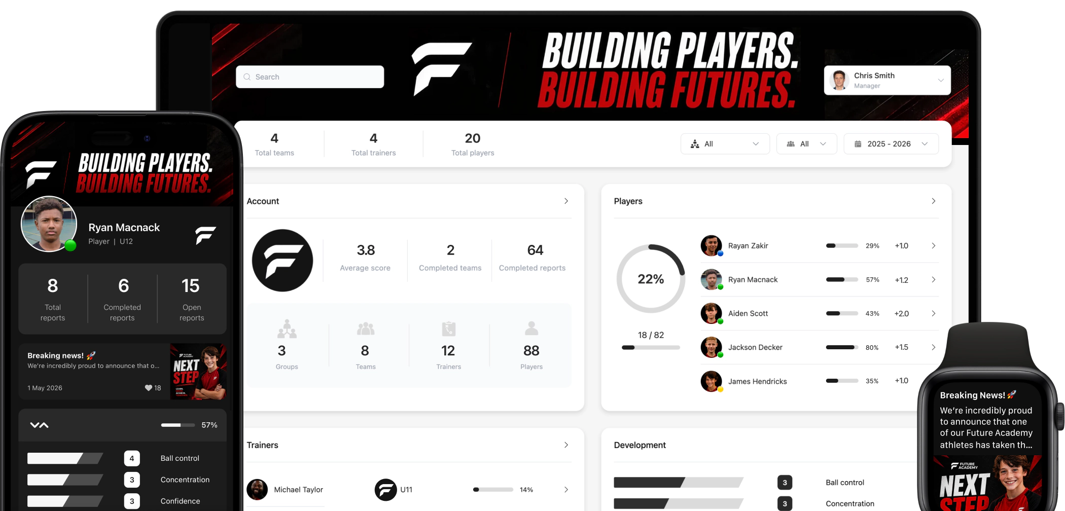 Pro Season club overview on a laptop, phone and watch