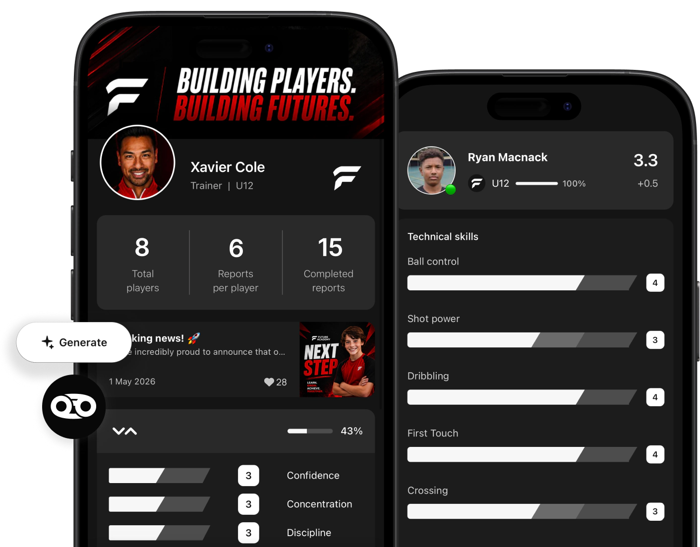 Pro Season trainer app showing player reports and skill scores