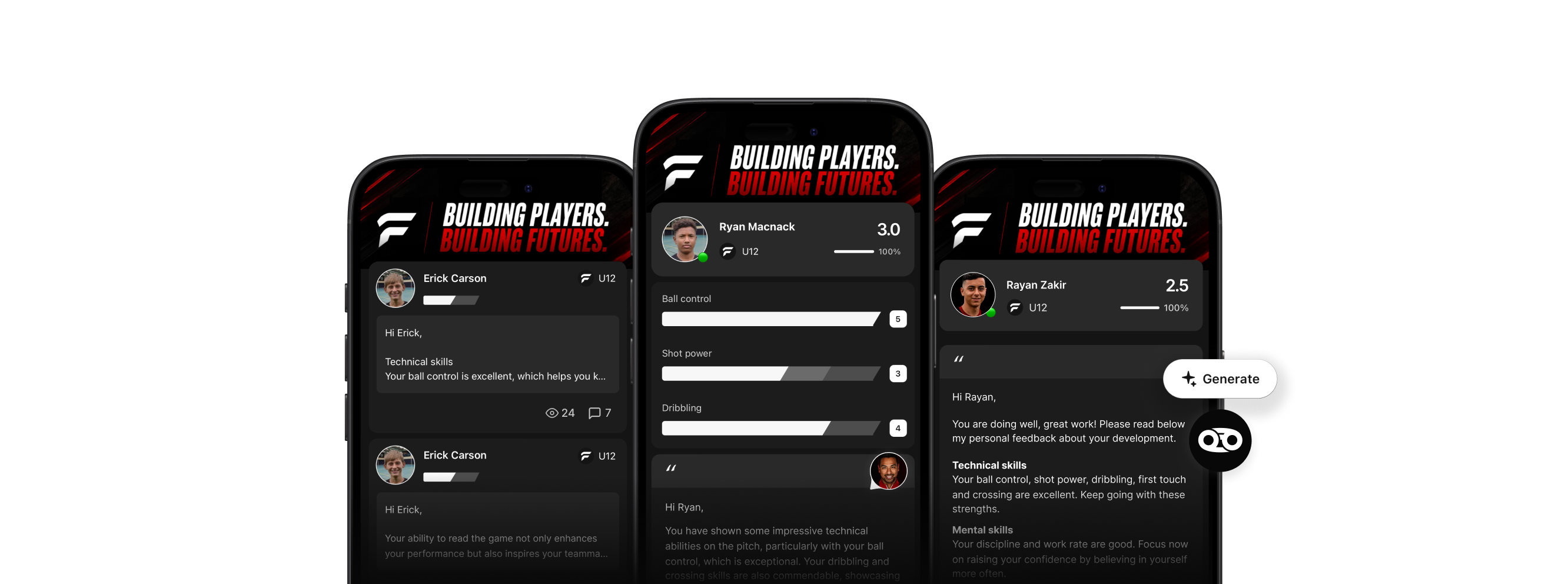 Pro Season app on three phones showing player feedback and skill scores