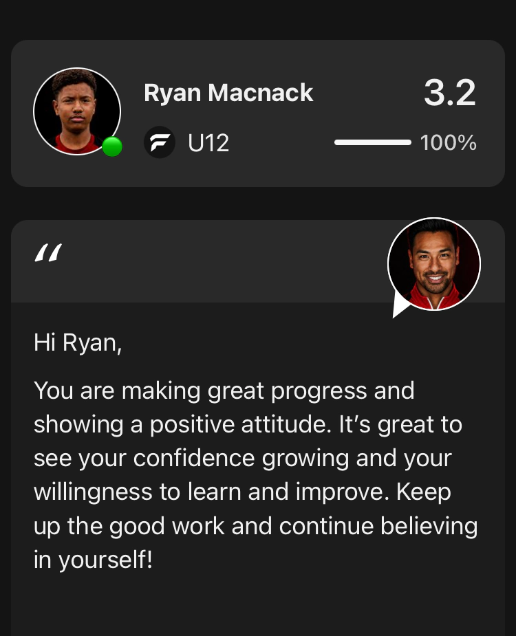 Trainer feedback to a player in the Pro Season app